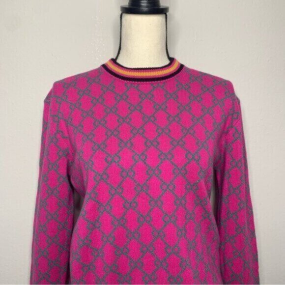 Vibrant Pink Geometric Pattern Sweater with Green Accents and Striped Trim - Picture 7 of 11